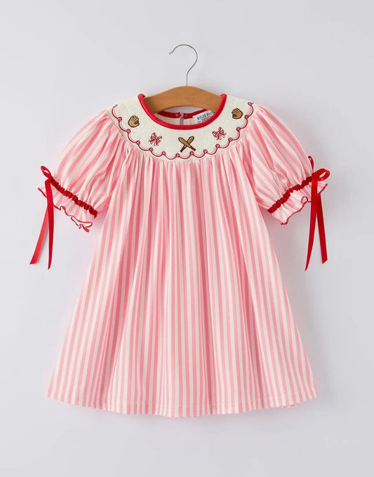 Pink Striped Baseball Smocked Dress