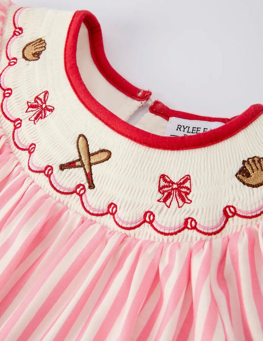 Pink Striped Baseball Smocked Dress