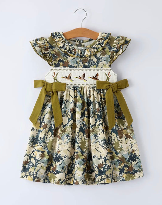Camo Smocked Bow Ruffle Dress